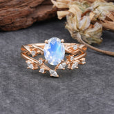 Nature-Inspired Oval Cut 4 Prong Moonstone Engagement Ring Set